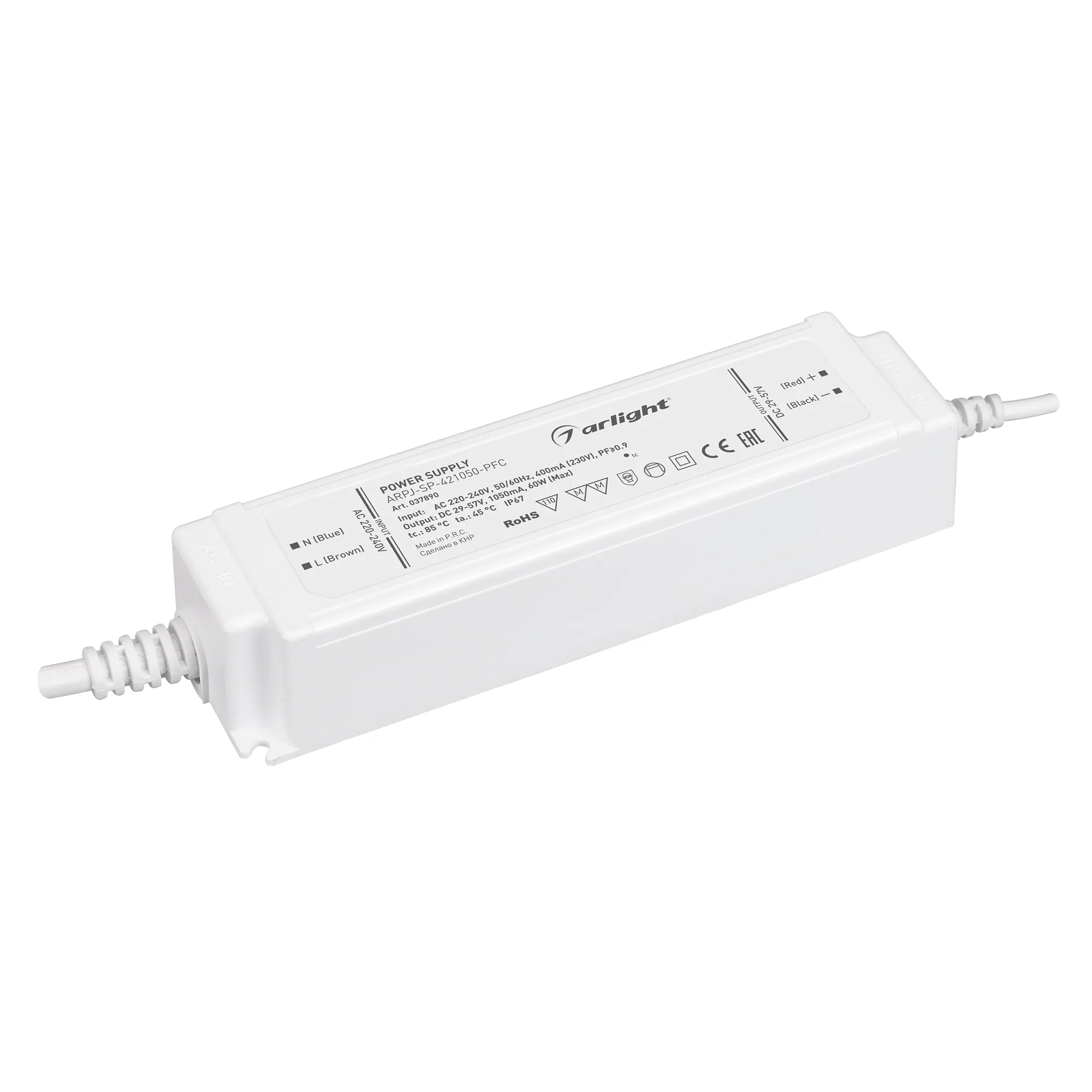 Блок питания ARPJ-SP-421050-PFC (60W, 29-57V, 1.05A) (Arlight, IP67 Пластик, 5 лет) - изображение товара